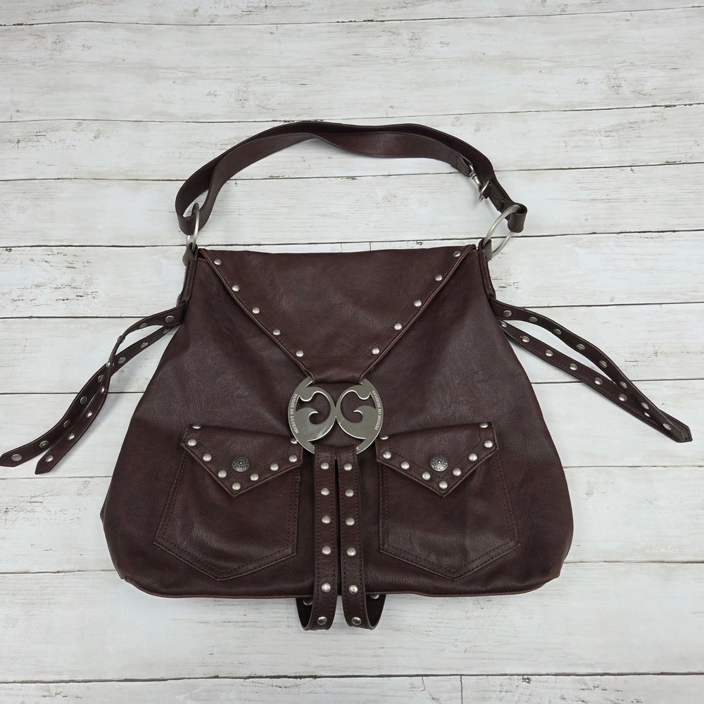 House of Dereon Studded Hobo Shoulder Bag Brown Faux Leather Medallion Womens OS
